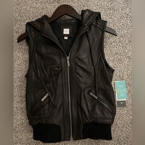 Aqua genuine black leather shell vest with hood. Never worn, tags still on.